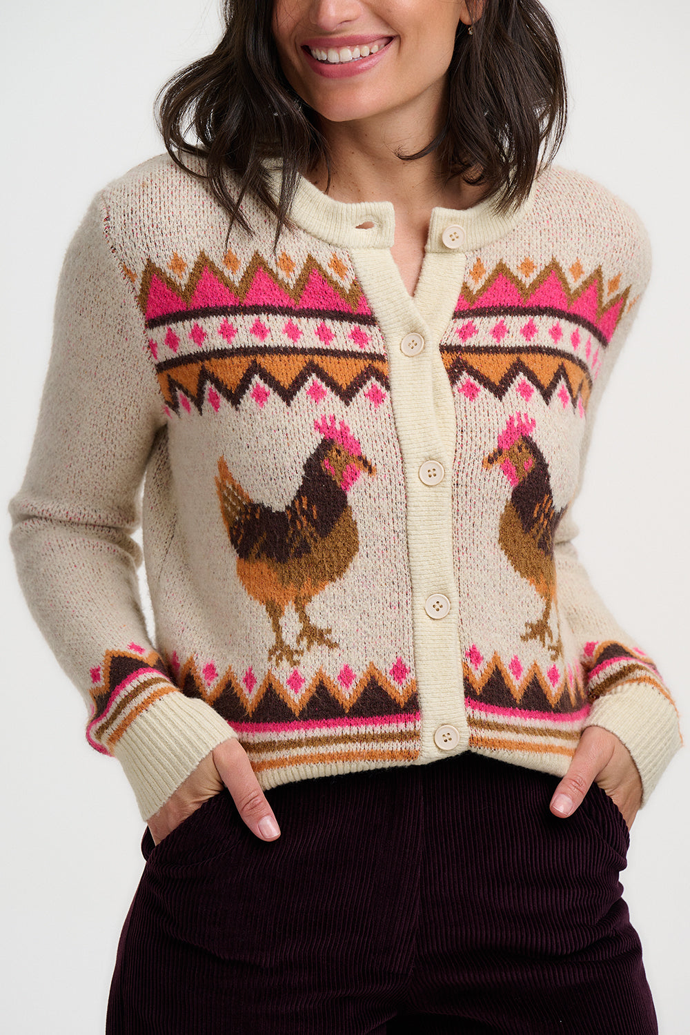 LARISSA Cardigan in Farm Chickens Print