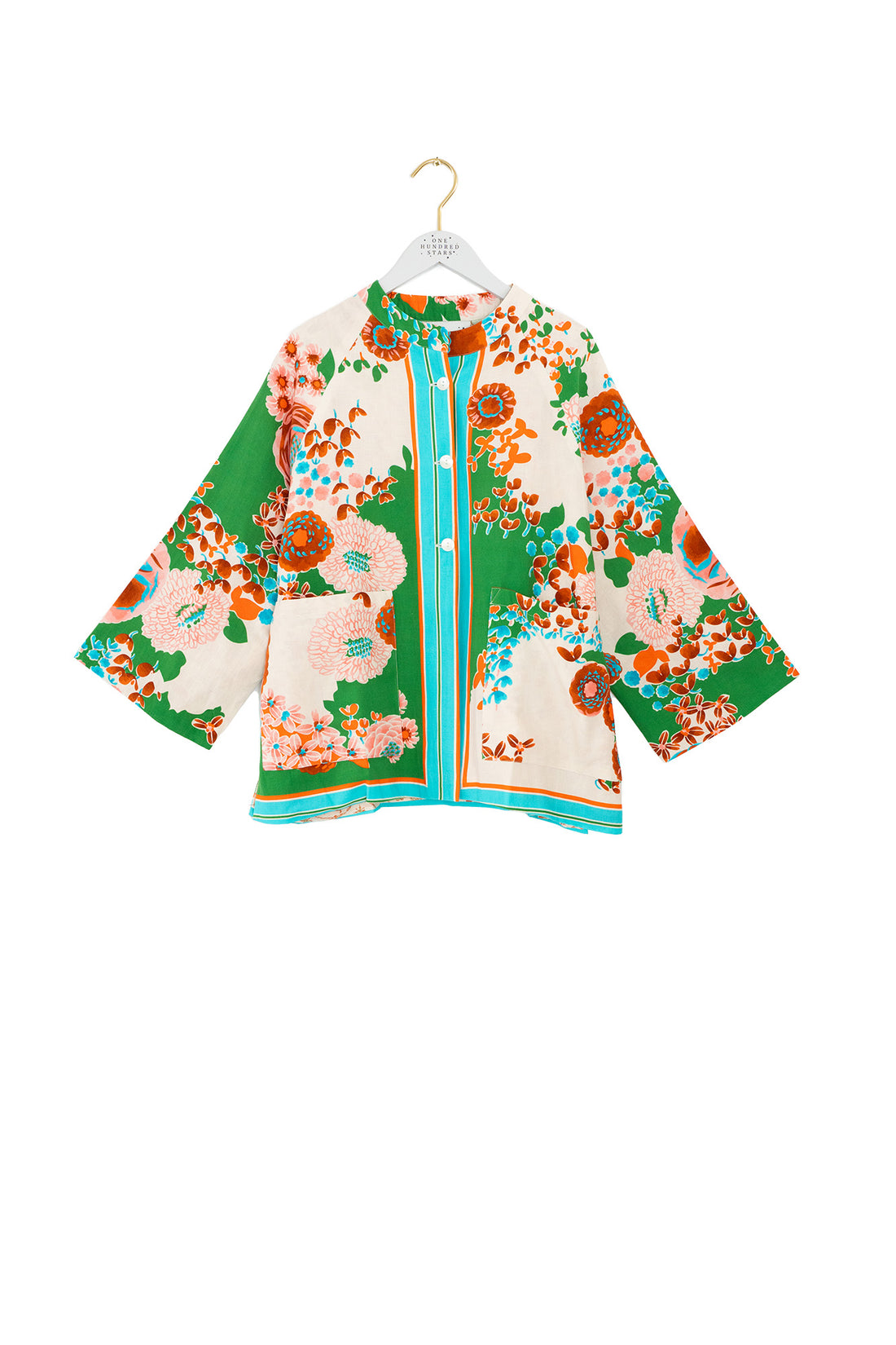 One Hundred Stars Linen Short Summer Jacket in Green Kitsch Bouquet Print - LINKITGRN