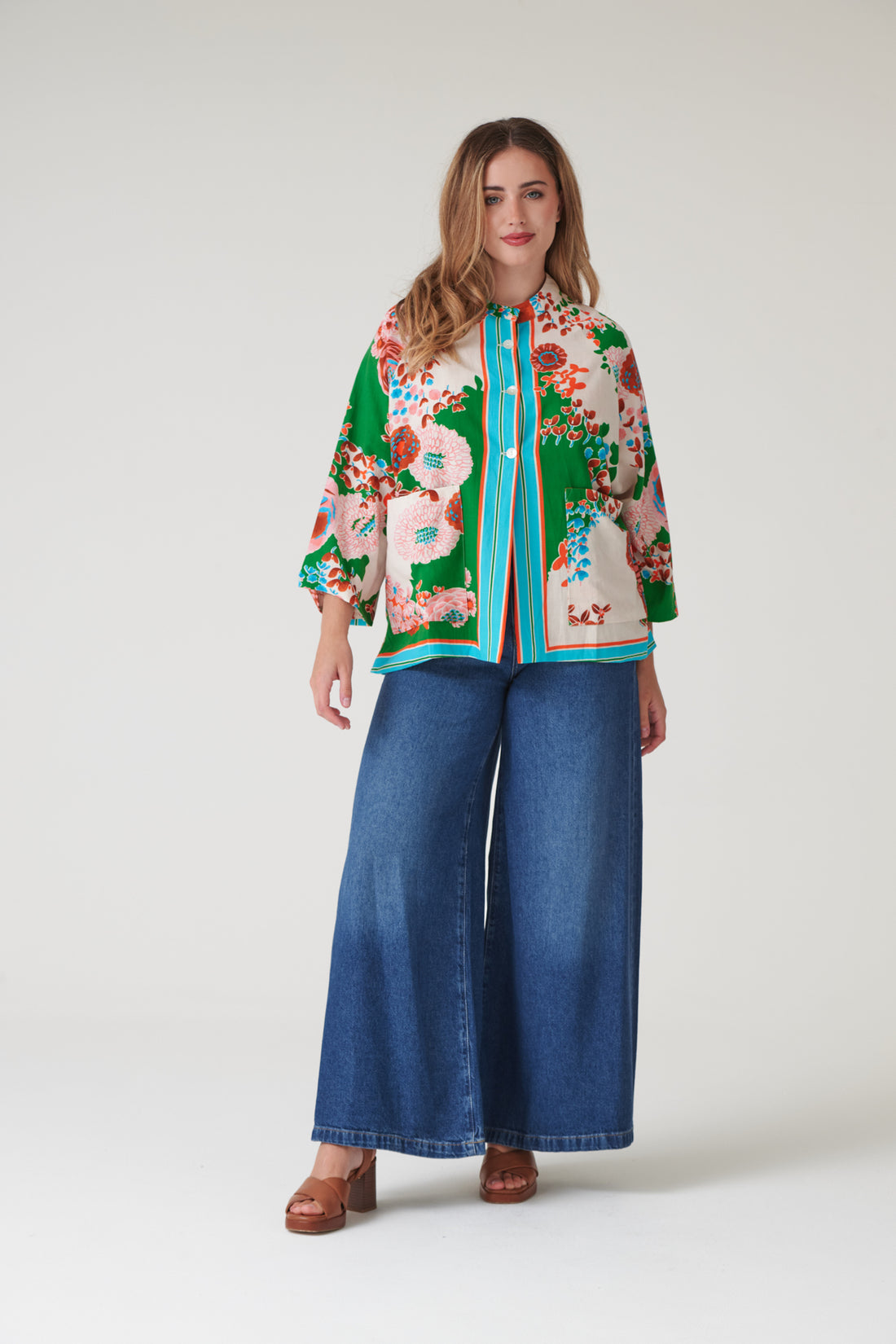 One Hundred Stars Linen Short Summer Jacket in Green Kitsch Bouquet Print - LINKITGRN