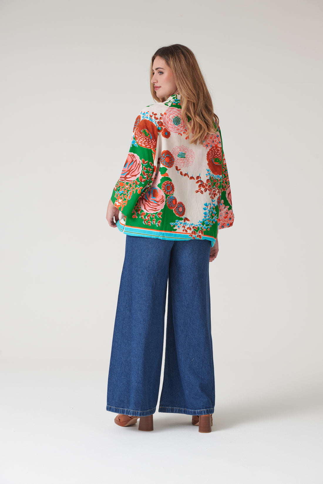 One Hundred Stars Linen Short Summer Jacket in Green Kitsch Bouquet Print - LINKITGRN