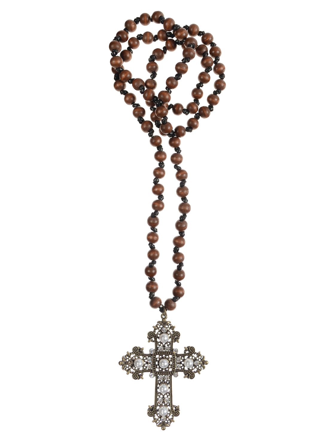 Gothic Cross Long Wooden Bead Necklace- LF920
