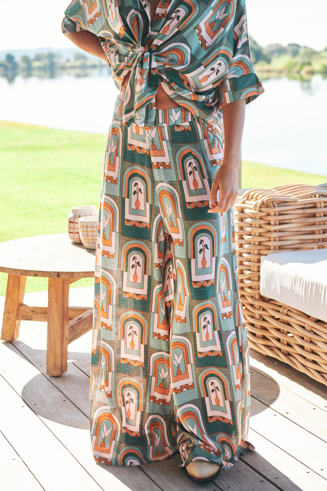 Hibiscus Wide Leg Palazzo Trousers in Emerald Arches Print