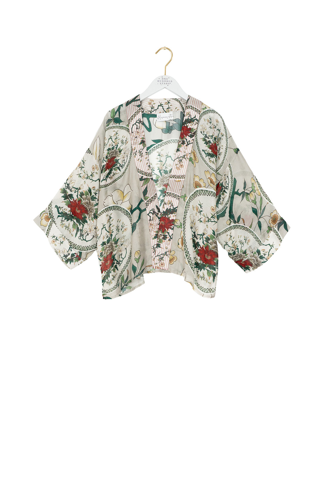 One Hundred Stars Lightweight Short Kimono Magnolia Plates Putty Print - KIMMGPPUT