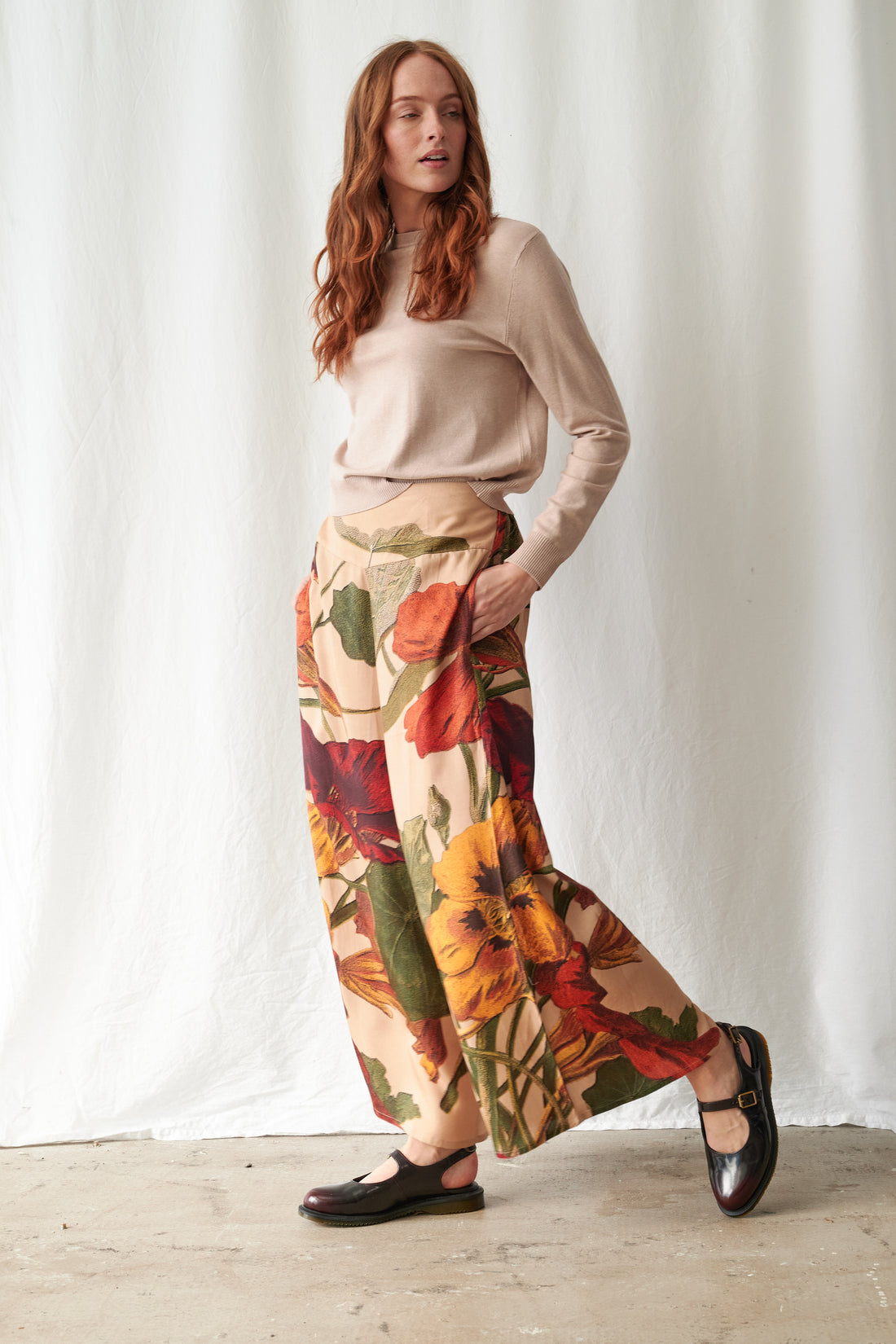 Tencel Palazzo Trousers in Nasturtium Fawn Print by One Hundred Stars