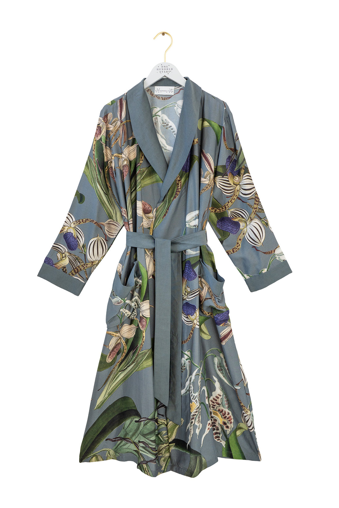 One Hundred Stars Lightweight Long Gown Kimono in Grey Orchid Print - GWNORCGRY
