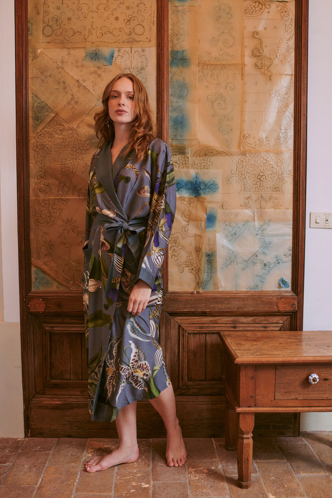 One Hundred Stars Lightweight Long Gown Kimono in Grey Orchid Print - GWNORCGRY