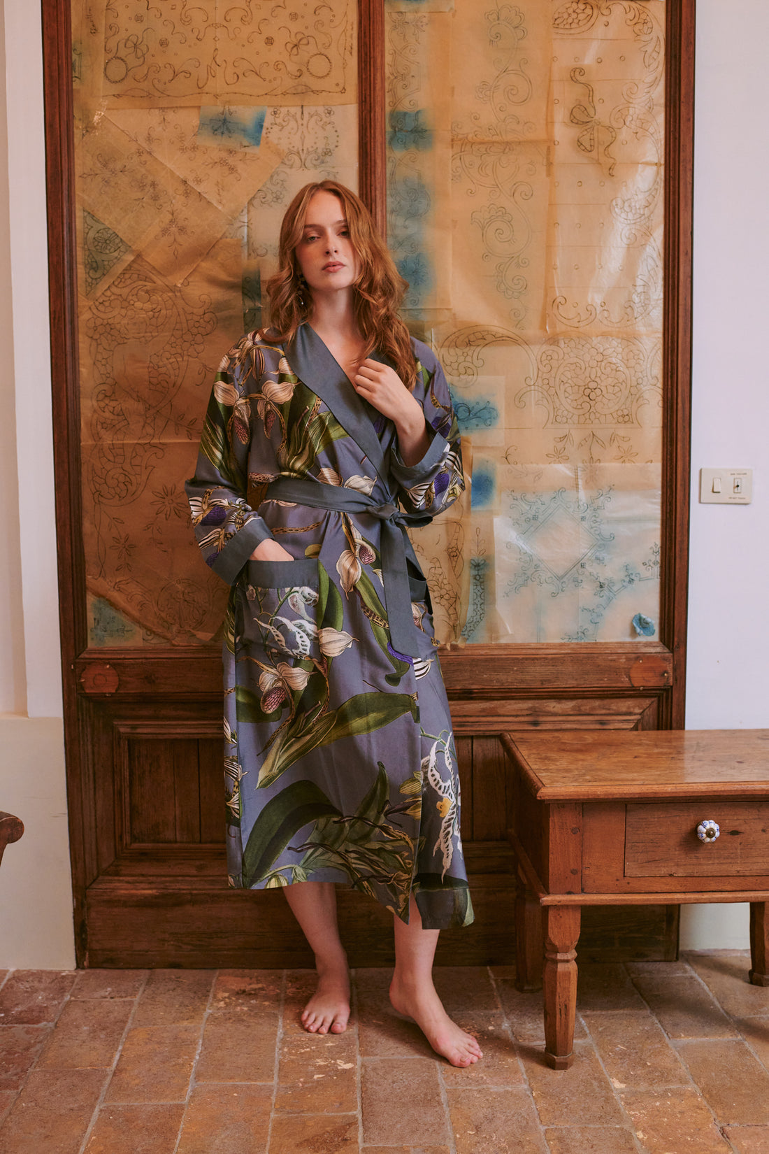 One Hundred Stars Lightweight Long Gown Kimono in Grey Orchid Print - GWNORCGRY