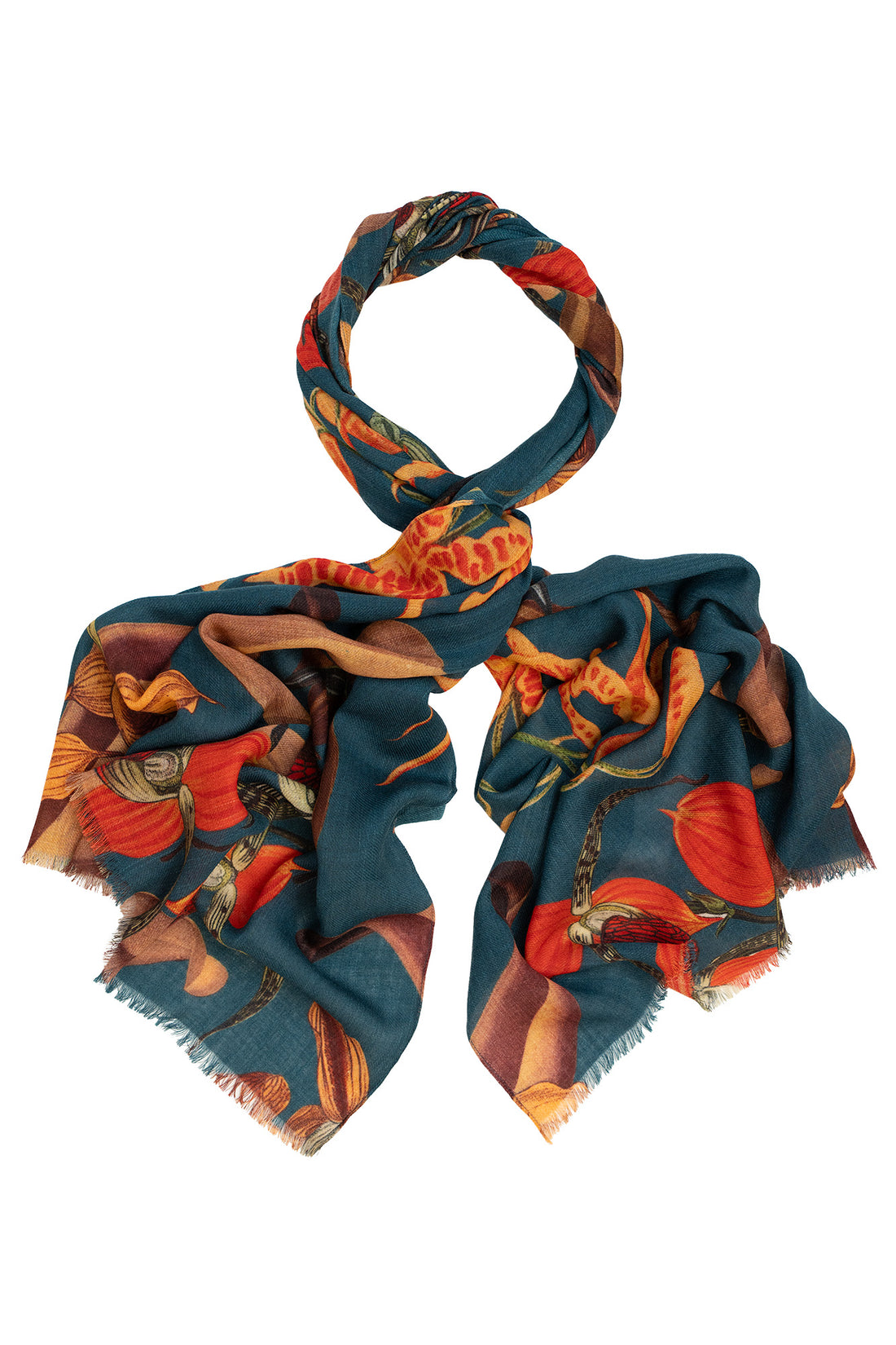 WOOL Printed Scarf in Teal Orchid Print by One Hundred Stars - WSCORCTEA