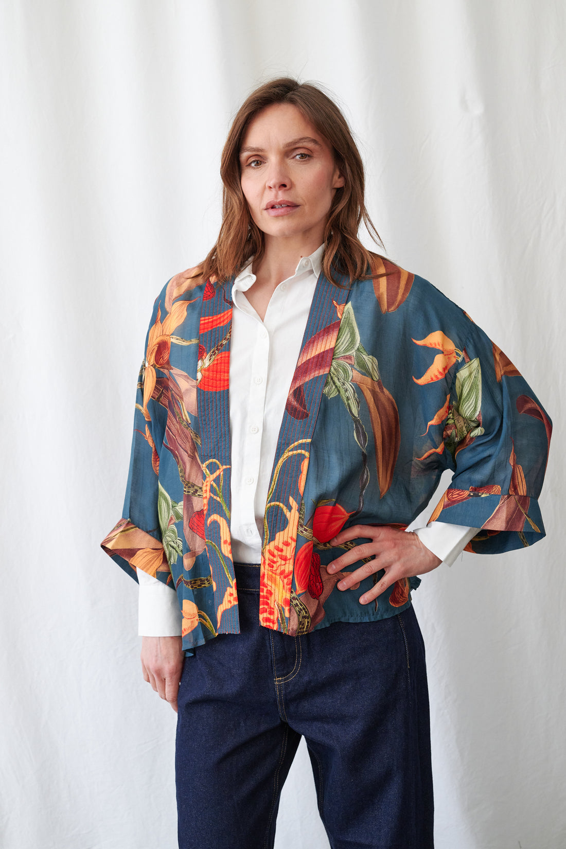 One Hundred Stars Lightweight Short Kimono in Teal Orchid Print - KIMORCTEA