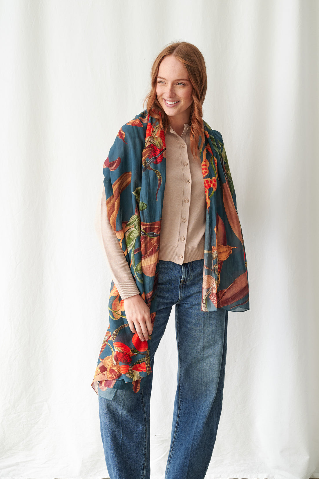 Printed Scarf in Teal Orchid Print by One Hundred Stars - WSCORCTEA