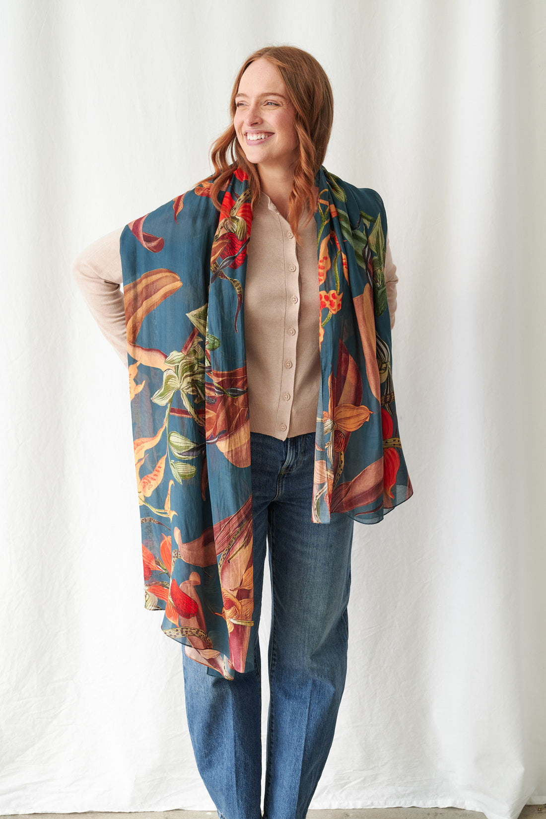 Printed Scarf in Teal Orchid Print by One Hundred Stars - WSCORCTEA