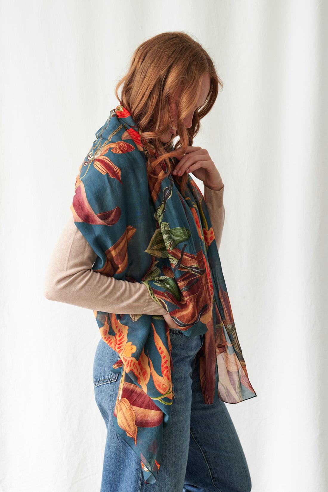 Printed Scarf in Teal Orchid Print by One Hundred Stars - WSCORCTEA