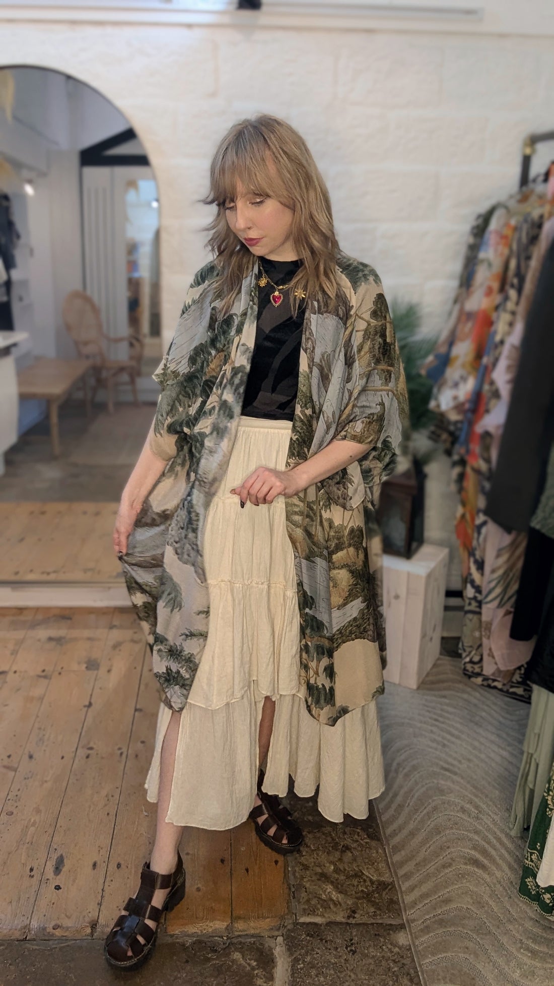 One Hundred Stars Mid Length Lightweight Throwover Kimono in Rivers and Trees Natural Print - THRRVTNAT