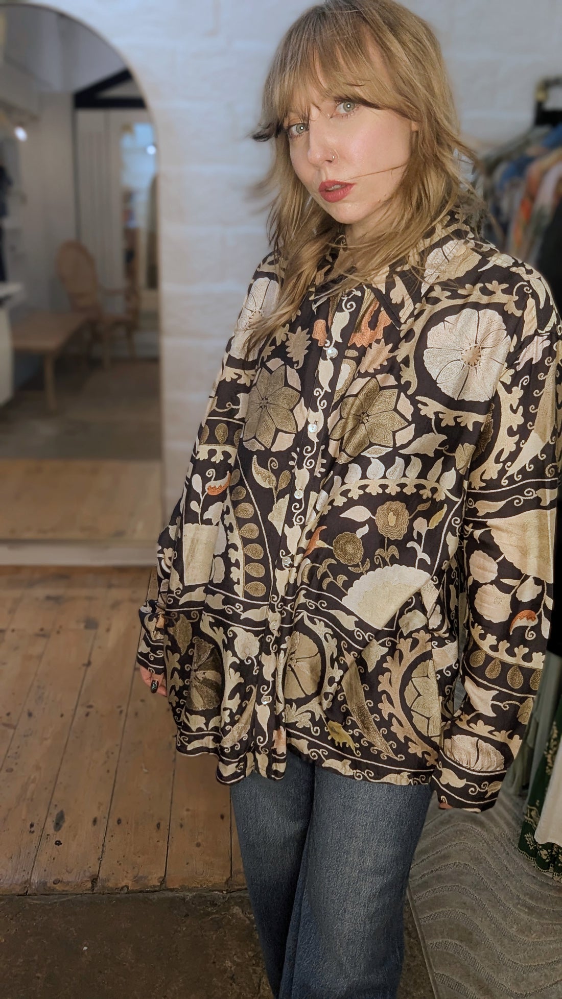 One Hundred Stars Oversized Shirt in Charcoal Susani Print - OVSSUSCHA