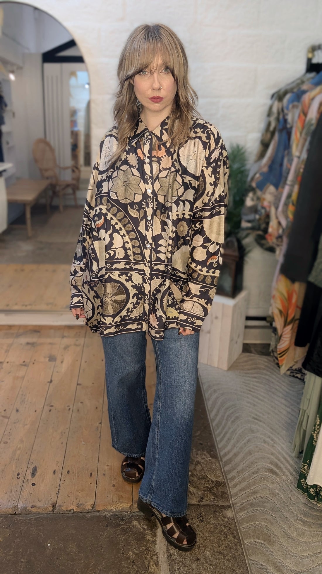 One Hundred Stars Oversized Shirt in Charcoal Susani Print - OVSSUSCHA