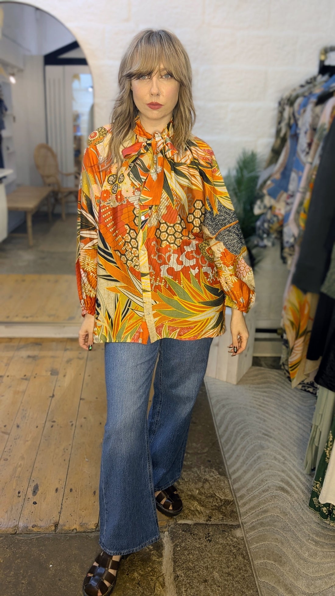 One Hundred Stars Pussy Bow Blouse in scarlet Fans Print - TPBFANSCA