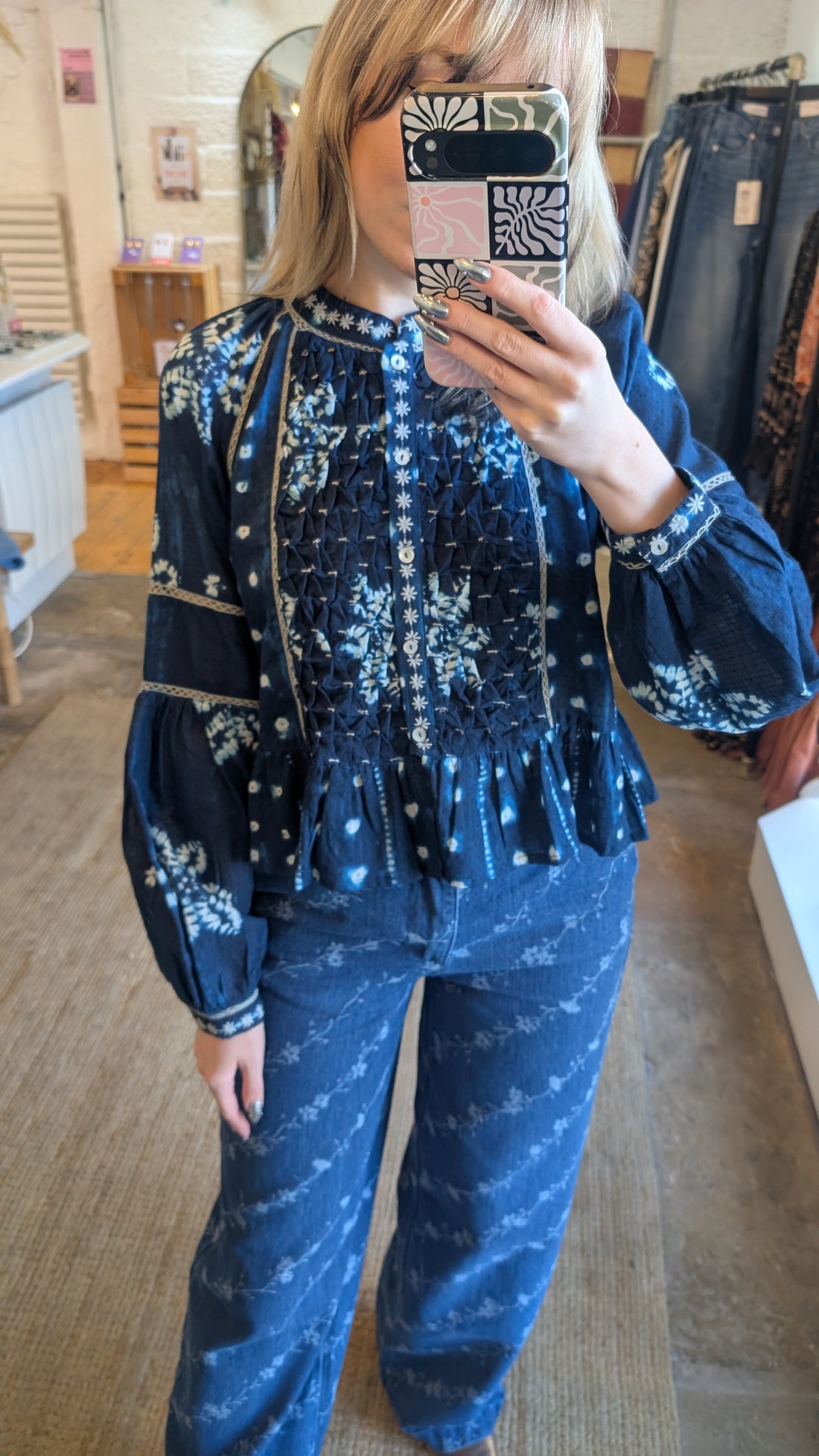 SORA Blouse in Ocean Ink Shibori Dreams Print