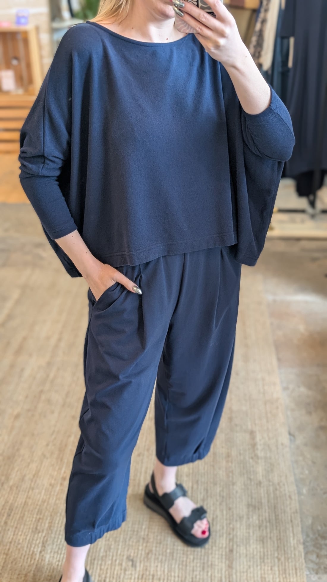 BIANCO U Luxe Cotton Sculptural Trousers in Navy
