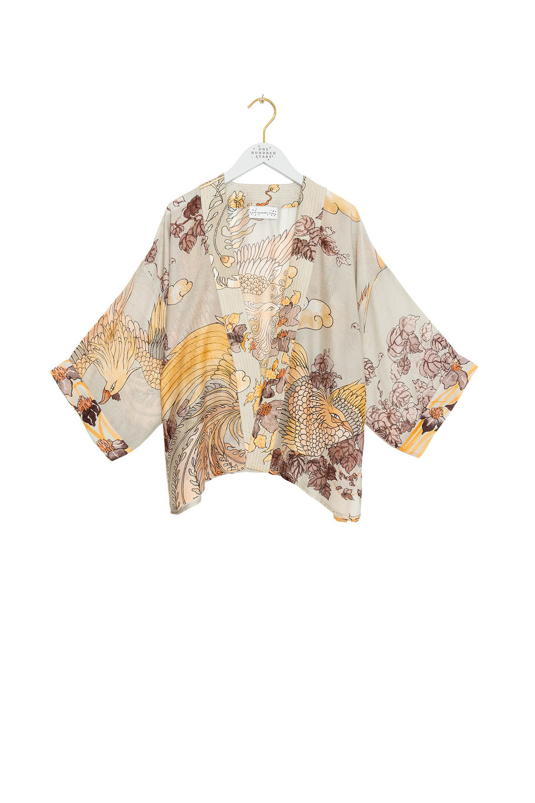 One Hundred Stars Lightweight Short Kimono in Grey Phoenix Print - KIMPHOGRY