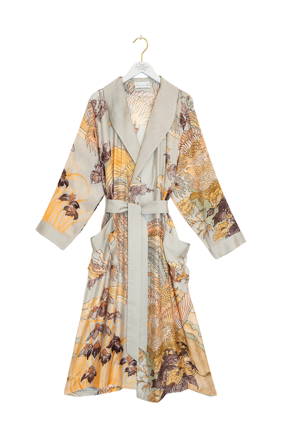 One Hundred Stars Lightweight Long Gown Kimono in Grey Phoenix Print - GWNPHOGR