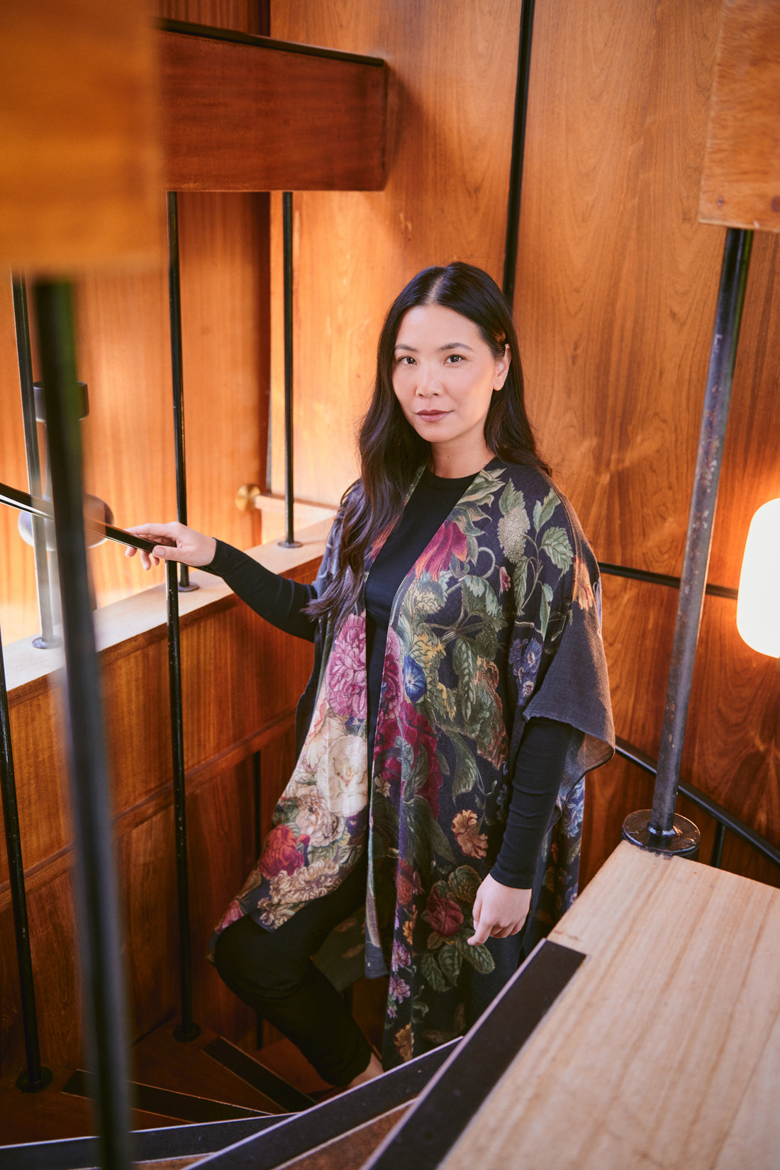 WOOL Throwover Kimono in Black Primula Print - WTHPRIBLK