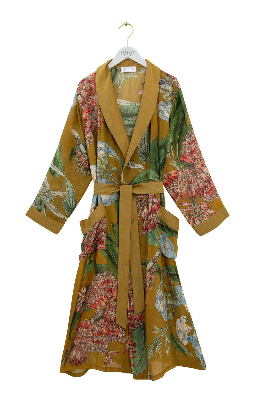 One Hundred Stars Lightweight Long Gown Kimono in Rhodelia Gold Print - GWNRHOGLD