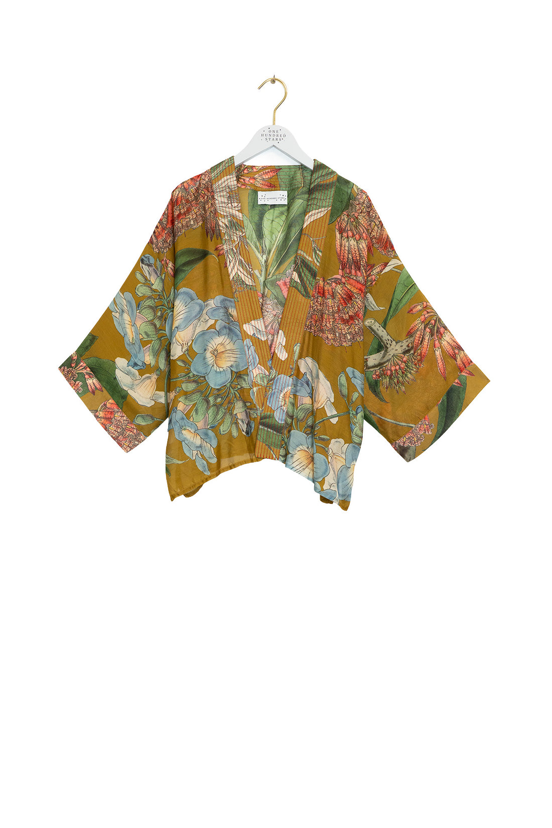 One Hundred Stars Lightweight Short Kimono in Rhodoliea Gold Print - KIMRHOGLD