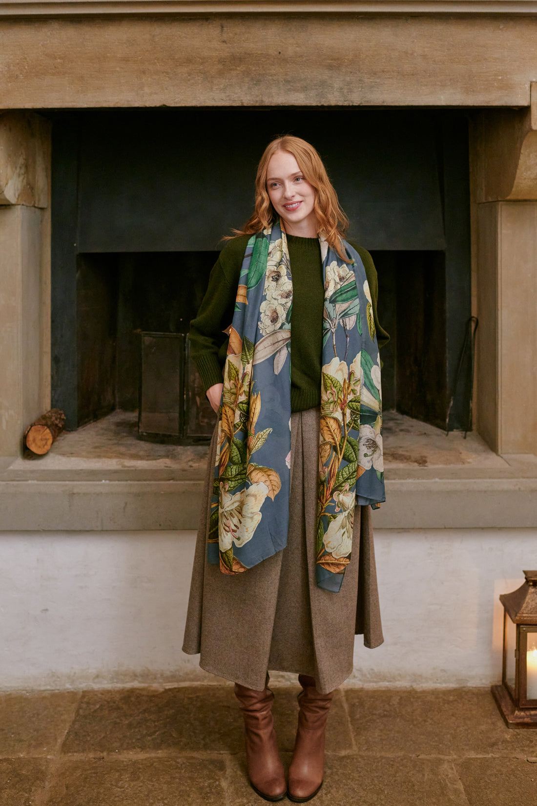 Printed Scarf in Blue Rhodoleia Print by One Hundred Stars - SCARHOBLU