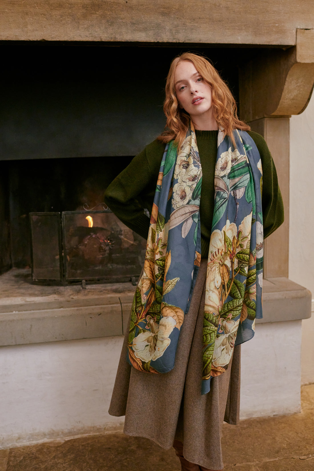 Printed Scarf in Blue Rhodoleia Print by One Hundred Stars - SCARHOBLU