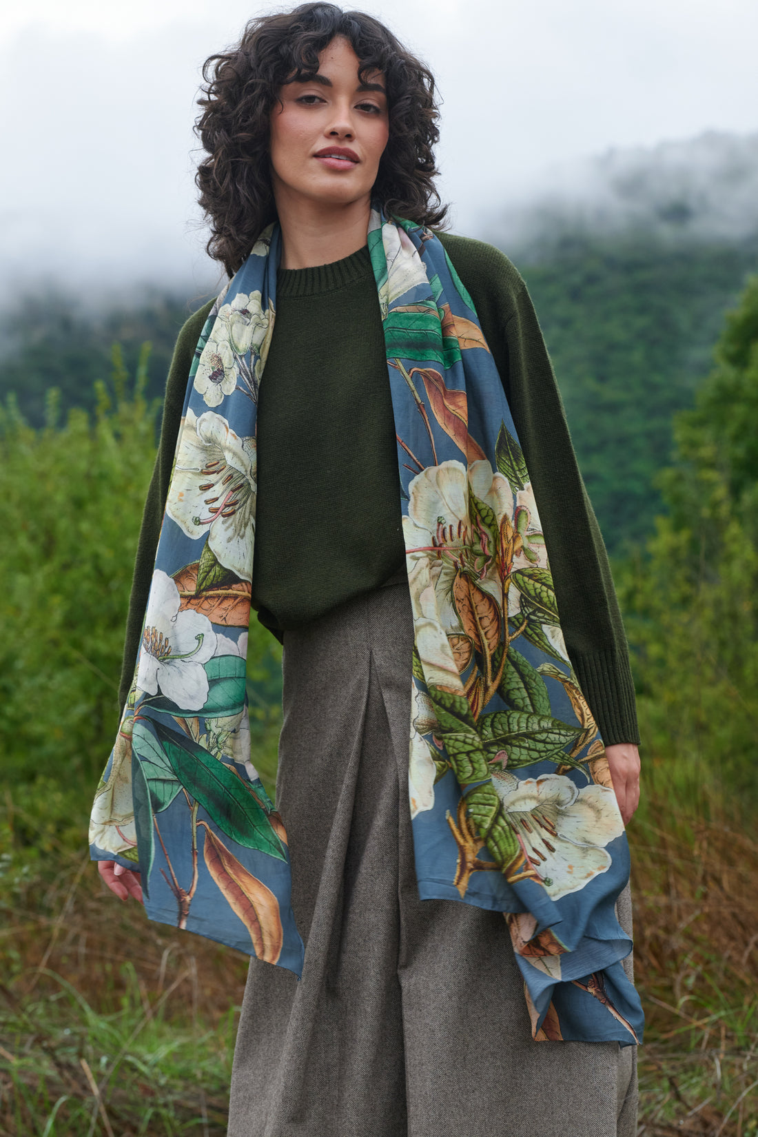 Printed Scarf in Blue Rhodoleia Print by One Hundred Stars - SCARHOBLU