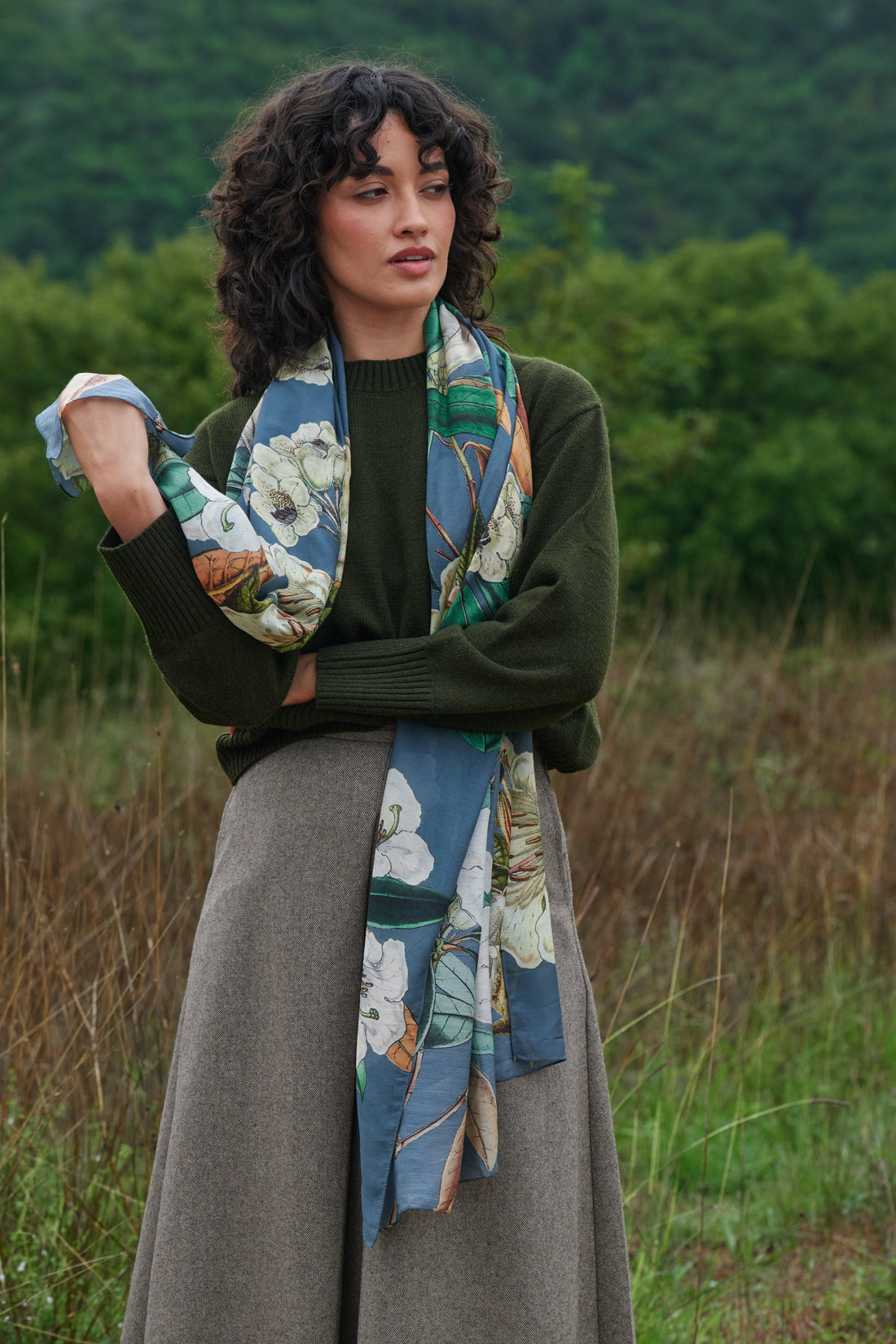 Printed Scarf in Blue Rhodoleia Print by One Hundred Stars - SCARHOBLU