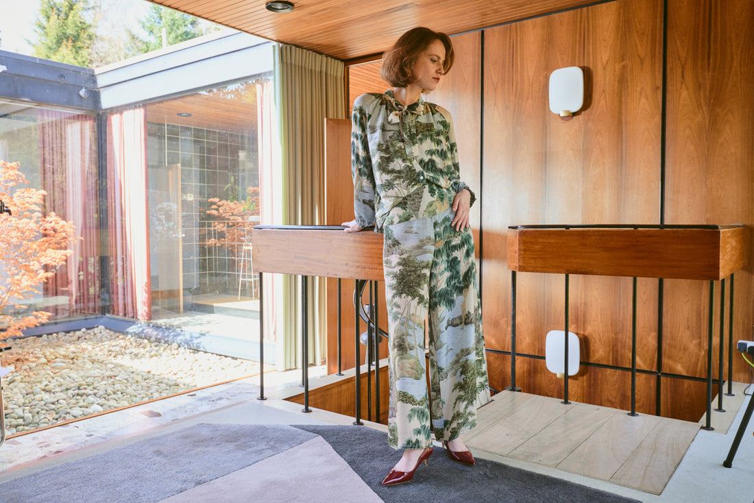 Crepe Palazzo Trousers in River and Trees Print by One Hundred Stars - PPCRVTNAT