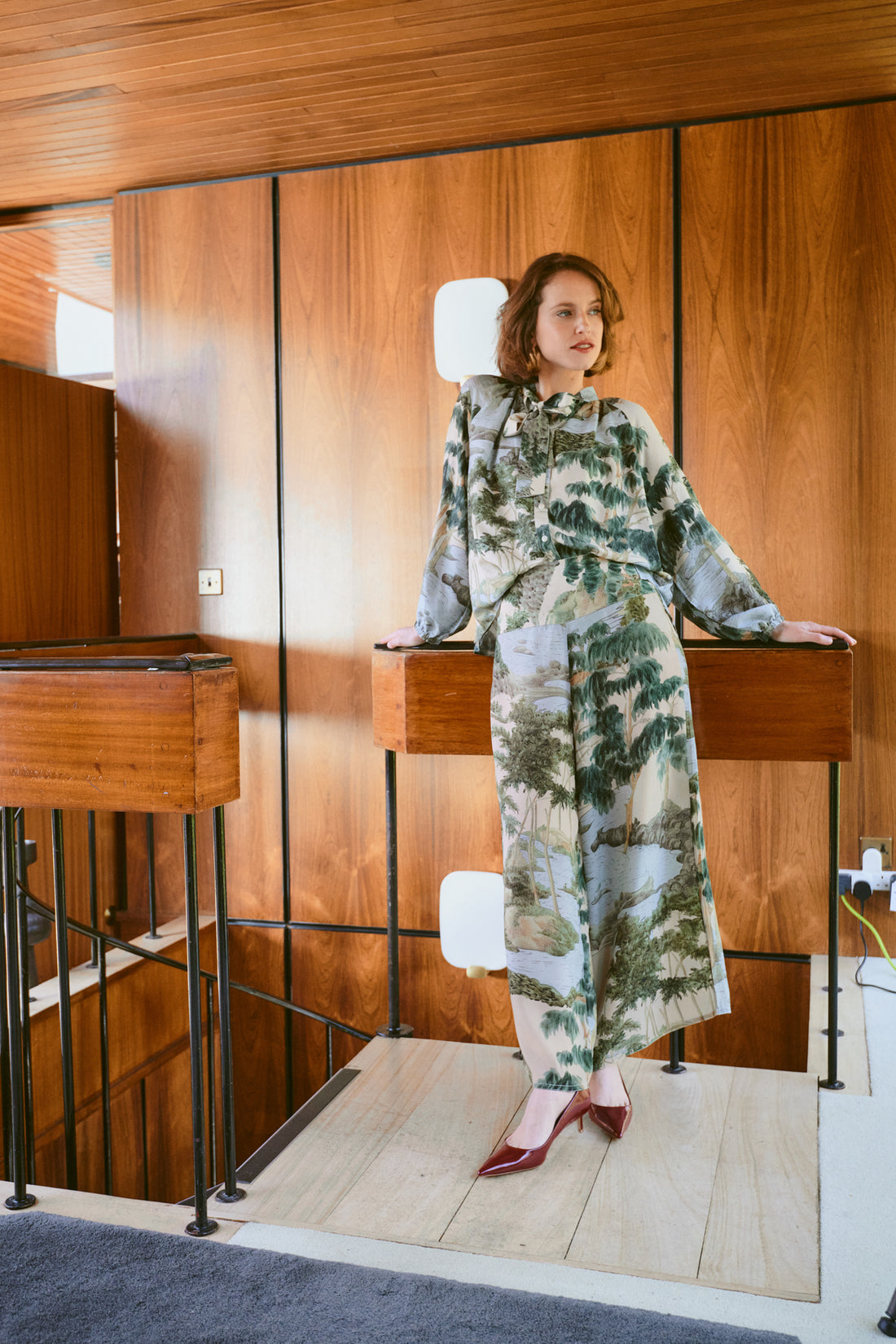 Crepe Palazzo Trousers in River and Trees Print by One Hundred Stars - PPCRVTNAT