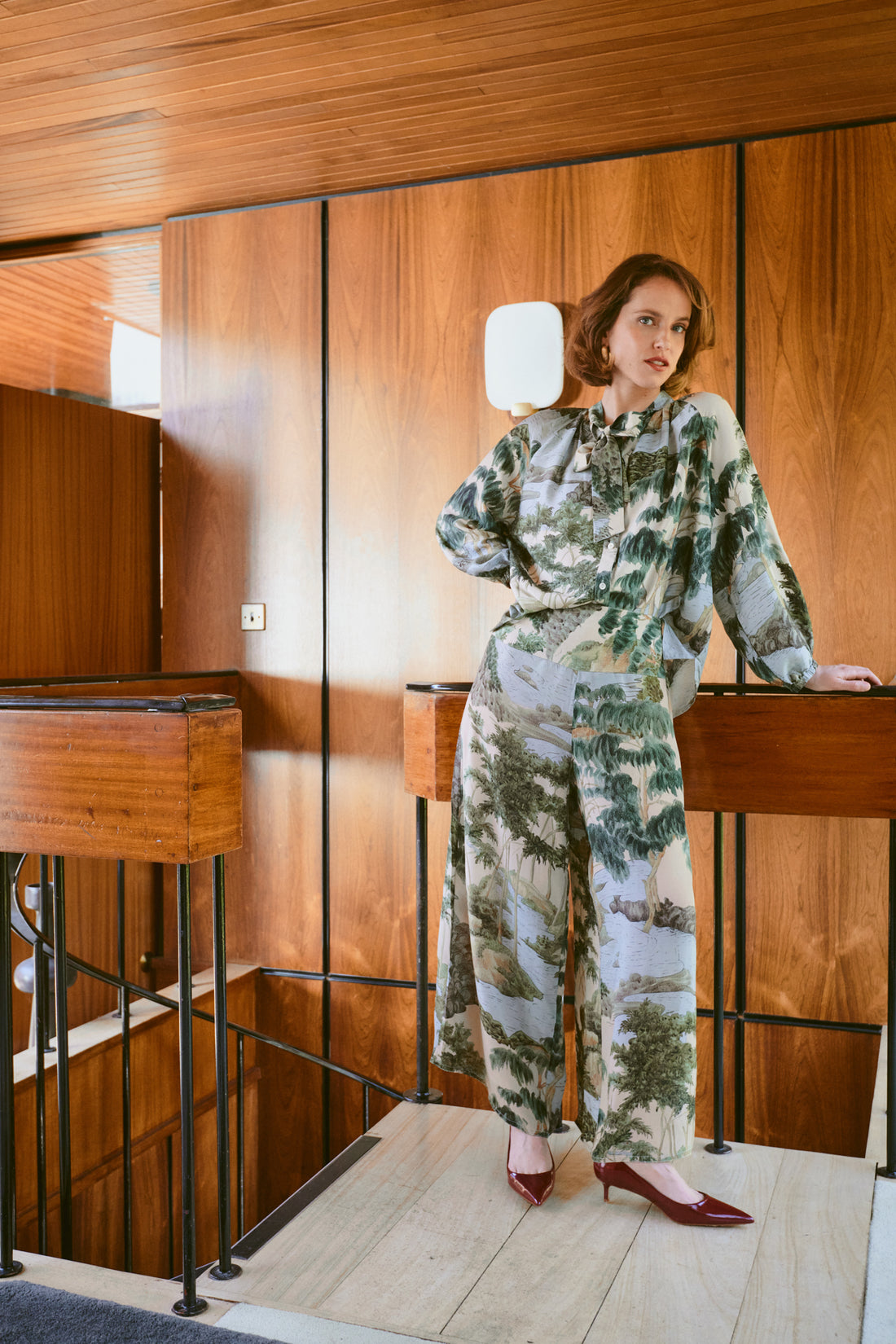 Crepe Palazzo Trousers in River and Trees Print by One Hundred Stars - PPCRVTNAT