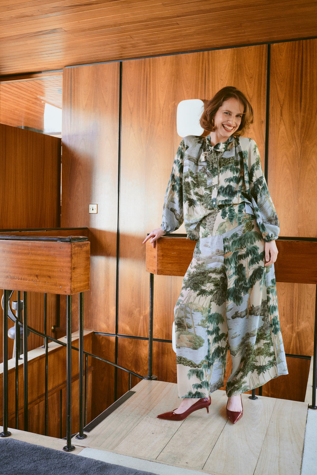 Crepe Palazzo Trousers in River and Trees Print by One Hundred Stars - PPCRVTNAT