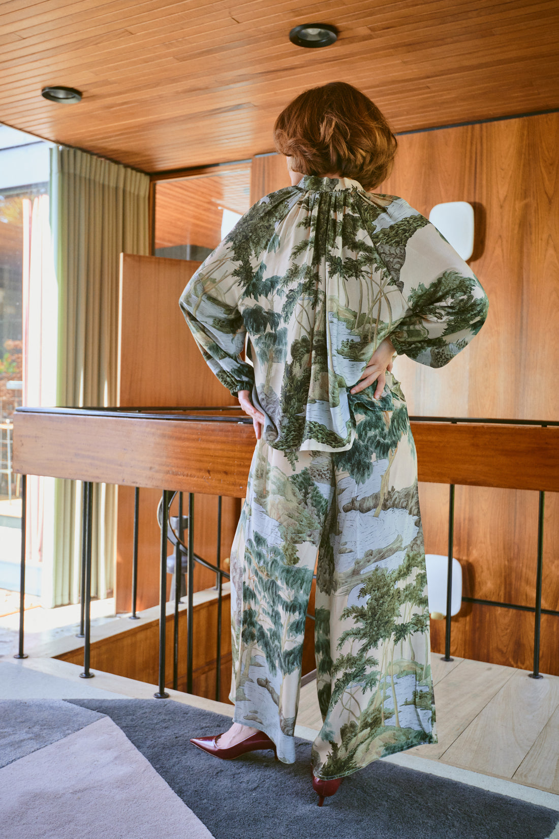 Crepe Palazzo Trousers in River and Trees Print by One Hundred Stars - PPCRVTNAT