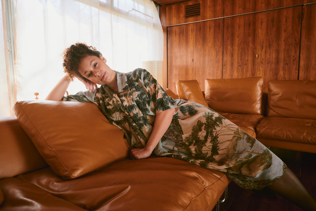 One Hundred Stars Luxe Crepe Rachel Dress in Rivers and Trees Print - DRBRVTNAT