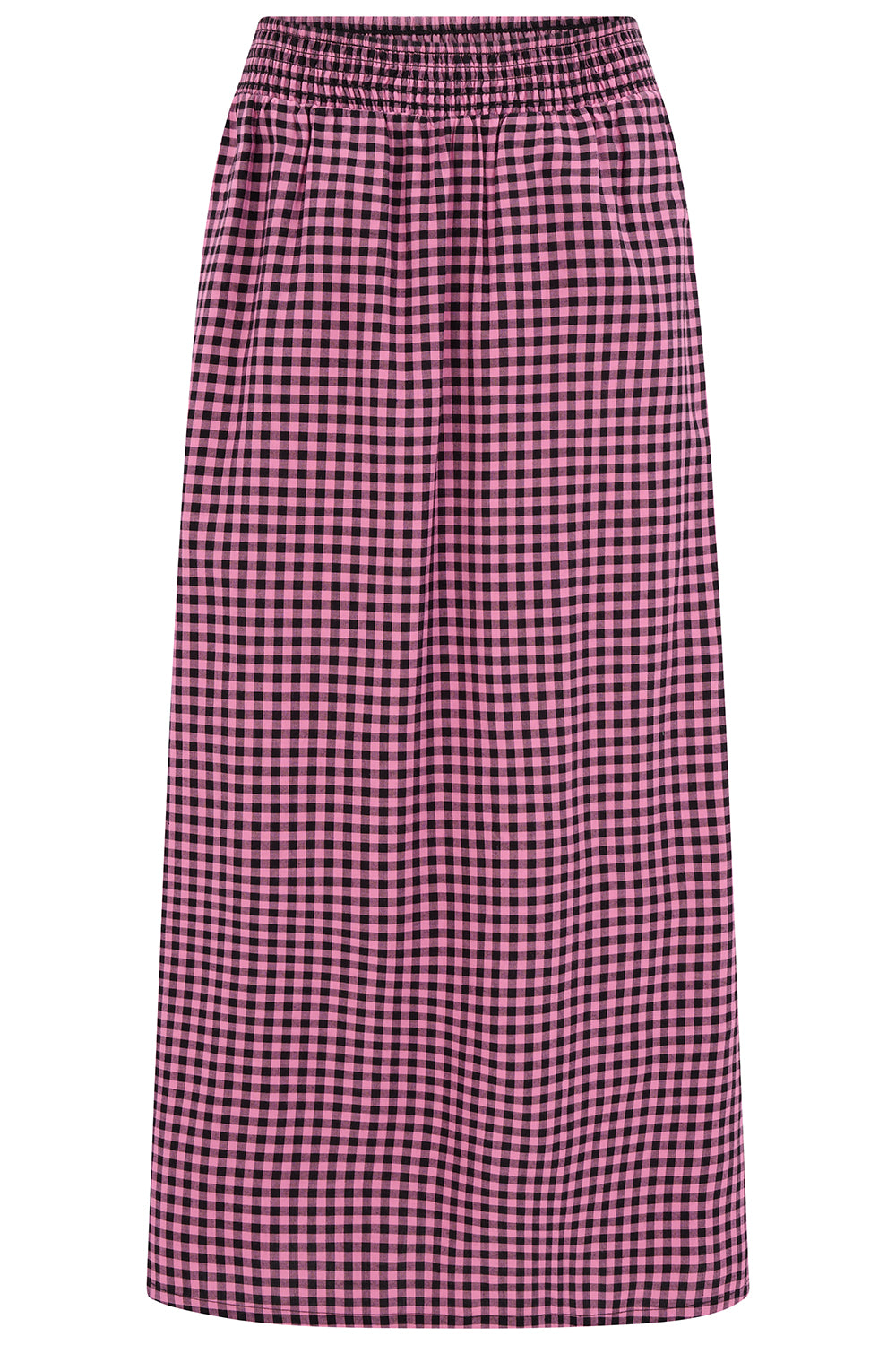 Shantessa Shirred Waist Pink Gingham Split Midi Skirt