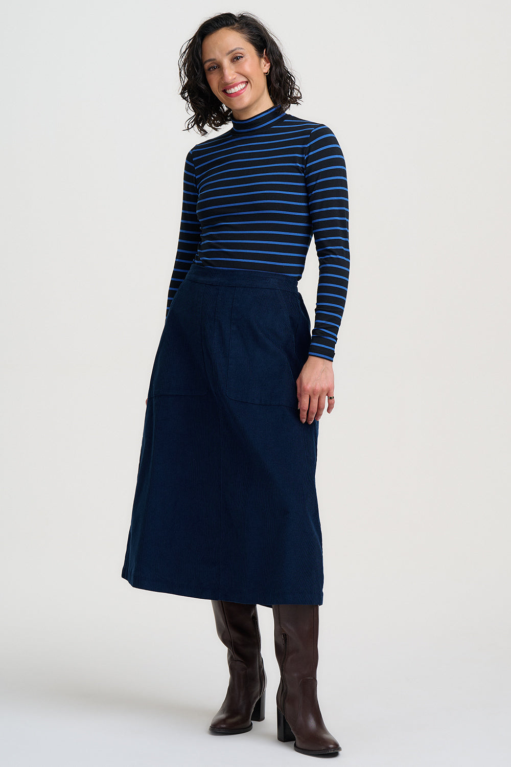 DEIDRIE Cord Midi Skirt in Teal Blue