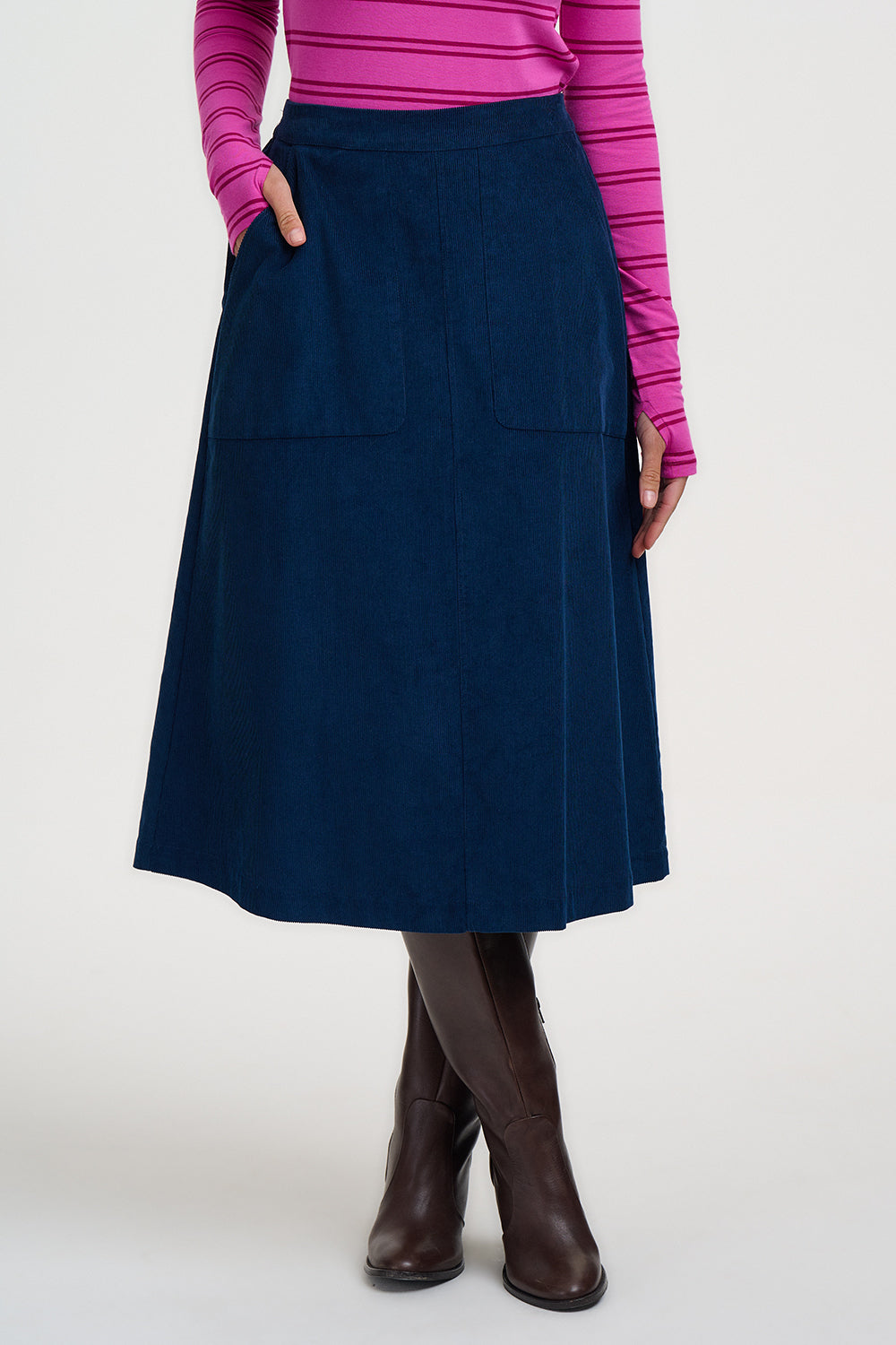 DEIDRIE Cord Midi Skirt in Teal Blue
