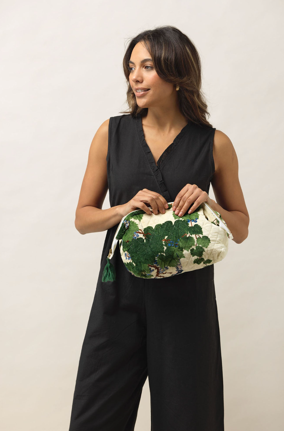 Luxe Cotton Velvet Make-up Pouch Bag by One Hundred Stars in Green Acer Print - MBGACRGRN