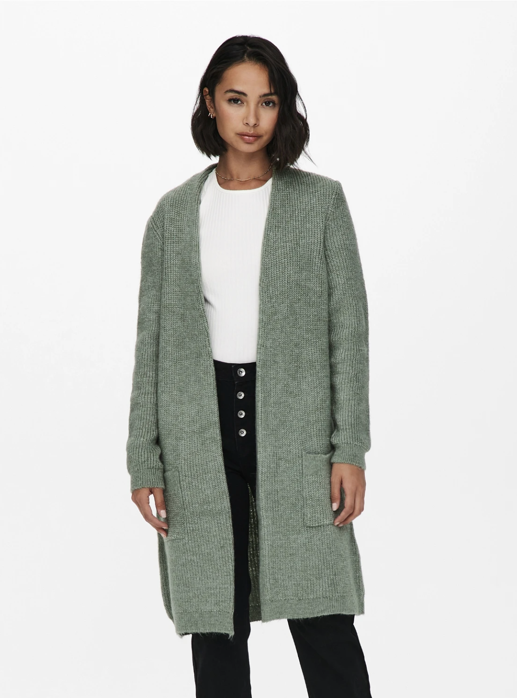 JADE Long Knit Pocket Cardigan in Granite Green