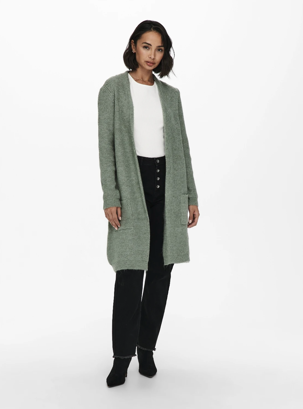 JADE Long Knit Pocket Cardigan in Granite Green