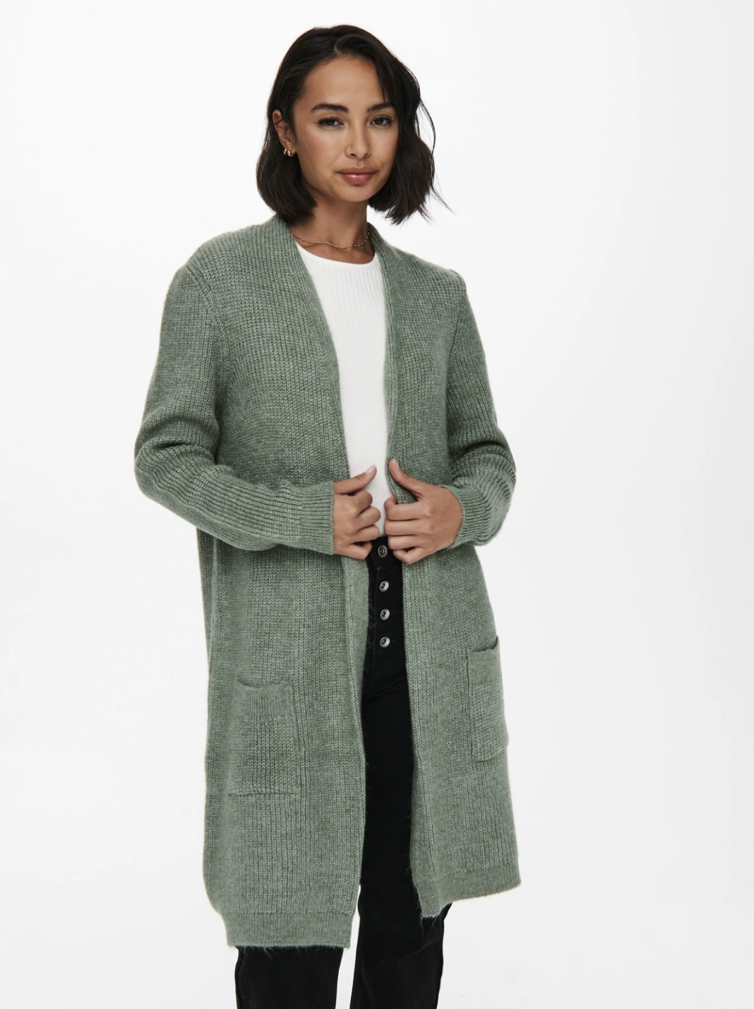 JADE Long Knit Pocket Cardigan in Granite Green