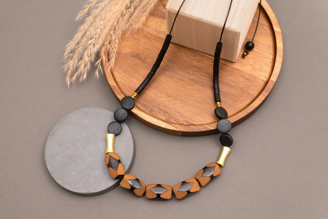 Adjustable Wood and Acrylic Necklace in Black and Tan - MRL02