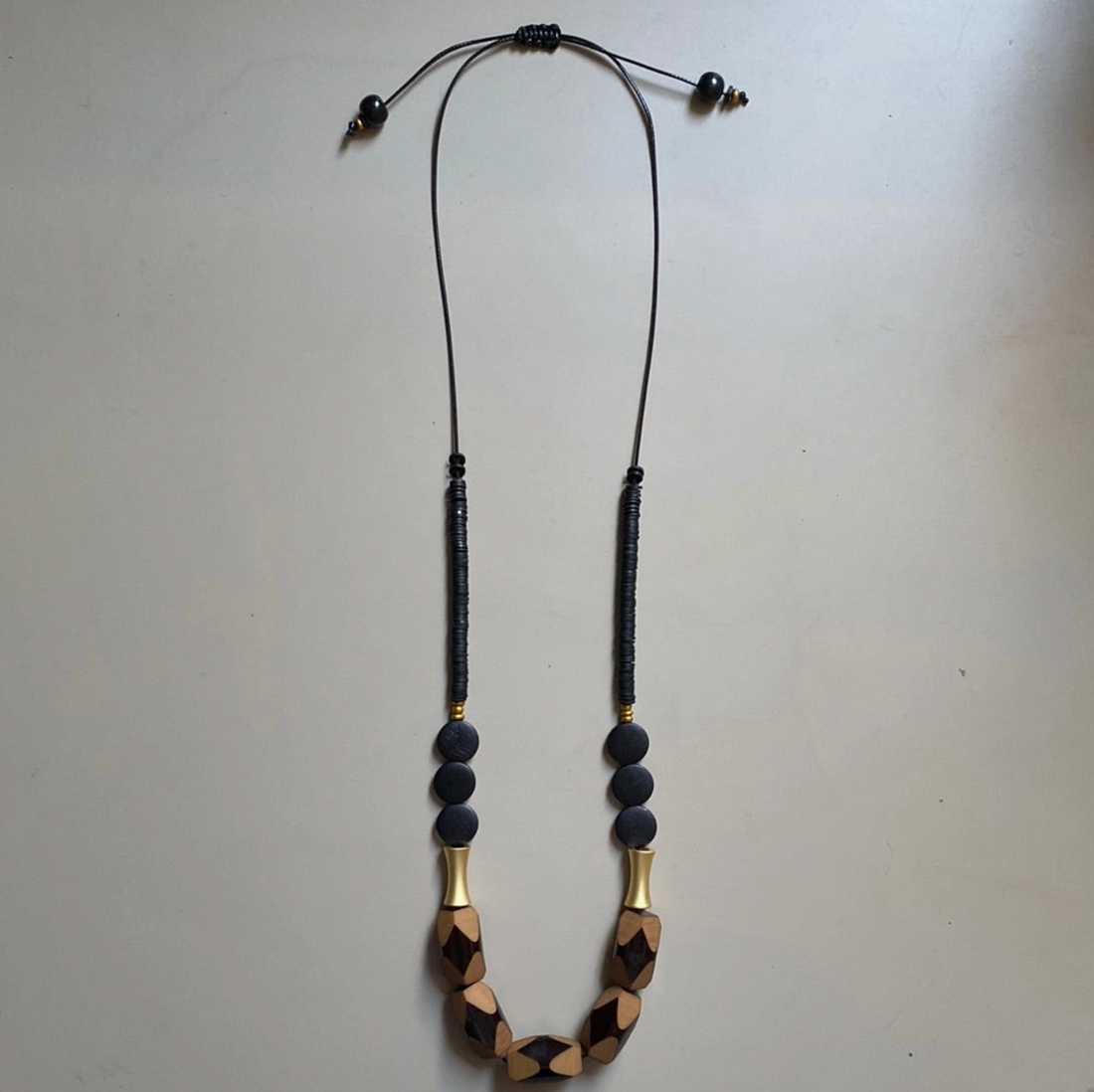 Adjustable Wood and Acrylic Necklace in Black and Tan - MRL02