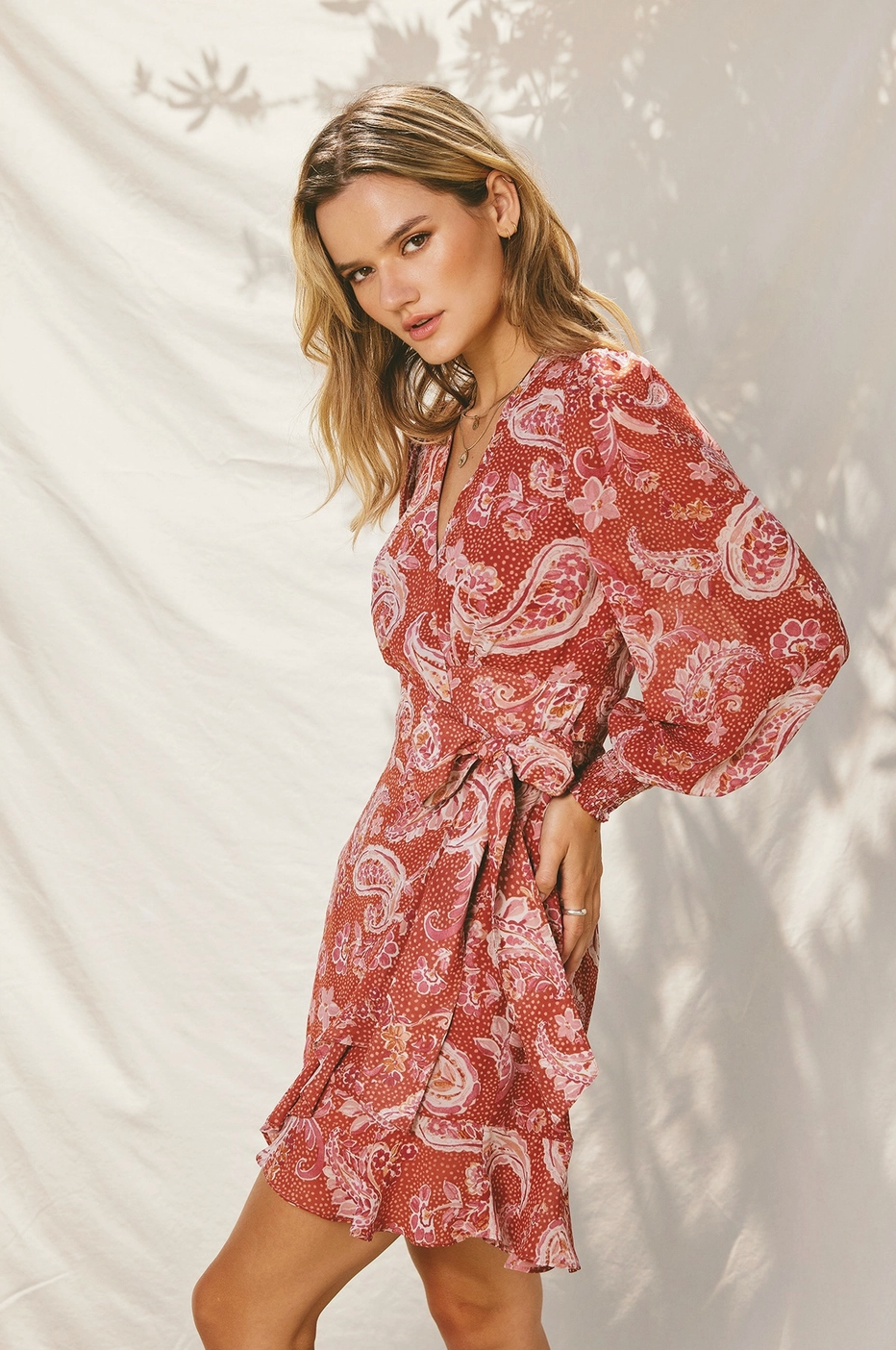 Rose Long Bishop Sleeve Mini Dress in Pink Paisley Print