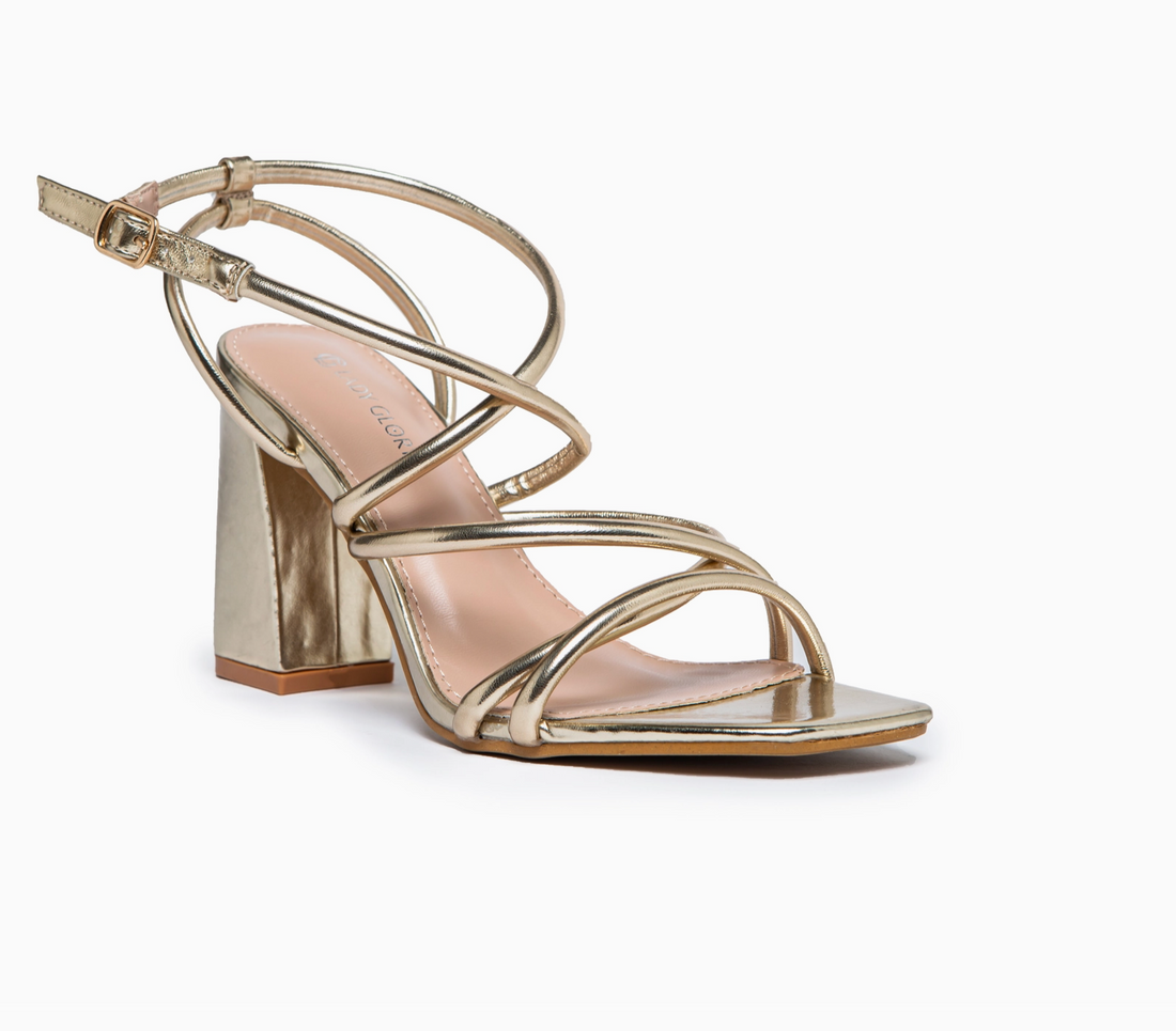 Terrie Block Heel Strappy Sandal in Gold