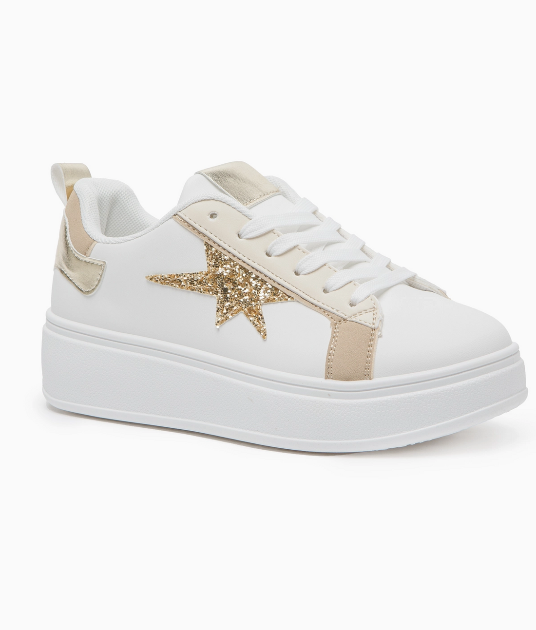 Star Glitter Flatform Trainer in White & Gold