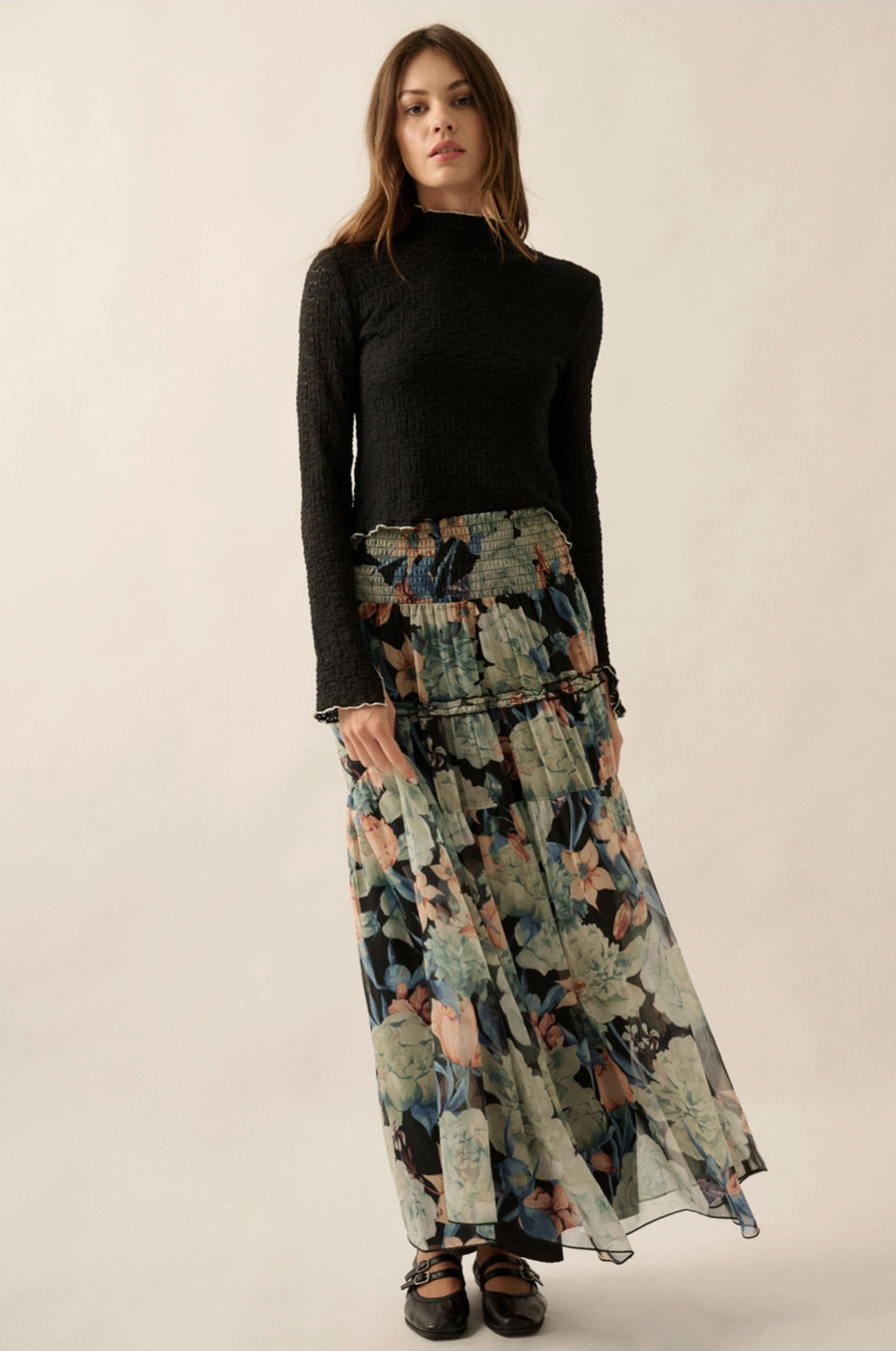 FARRAH Textured Floral Split Cuff High Neck Top in Black